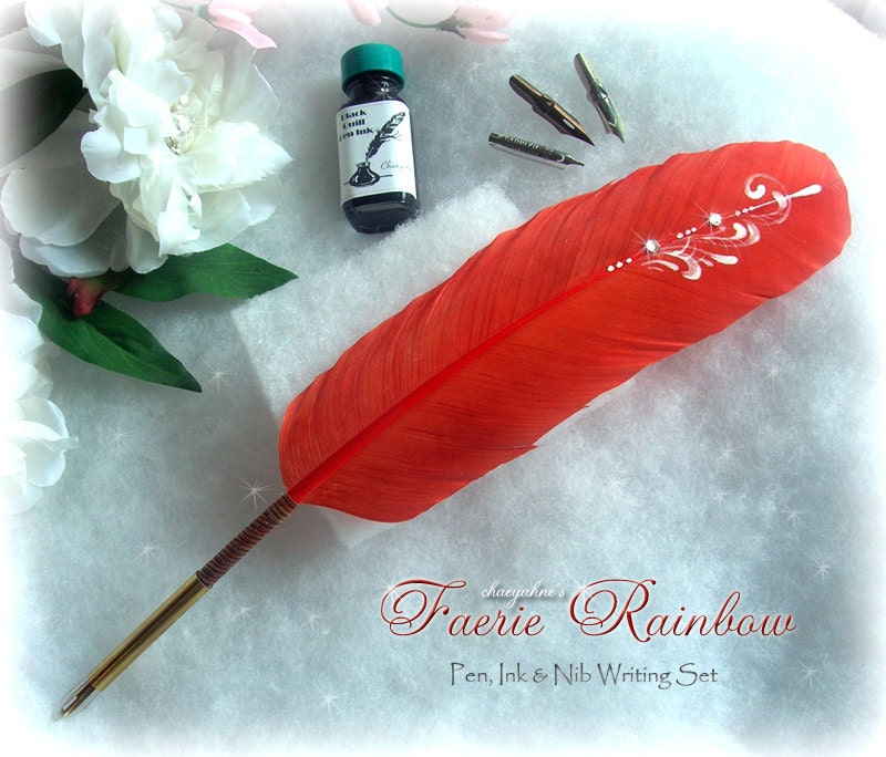 FAERIE RAINBOW Feather Quill Dip Pen and Ink Set Pumpkin