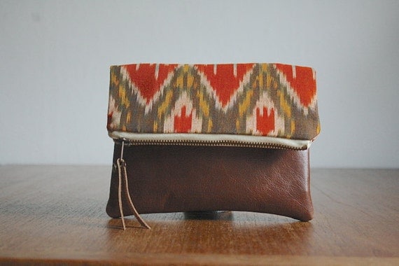 The Belinda Pouch ///// Ikat Pouch. Orange Yellow Pouch. Brown Leather Pouch. Tribal Clutch.