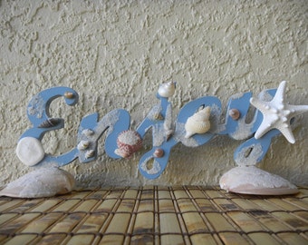 ENJOY Blue Wood Sign with Starfish, Seashells, Beach Sand, Sea Cookie