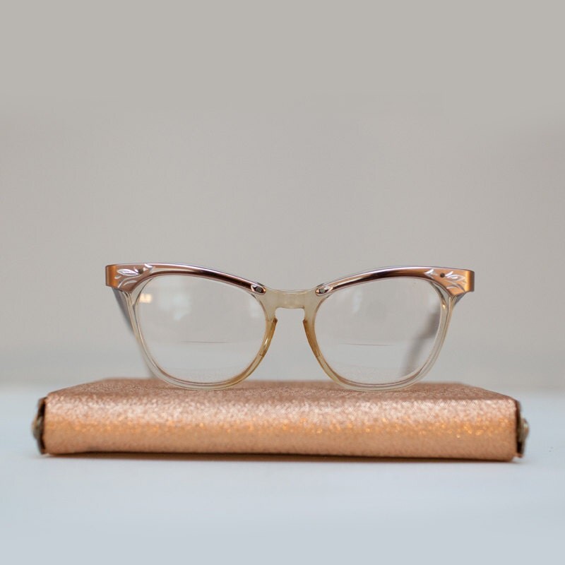 Vintage Champagne Cat Eye Eyeglass Frames with Case