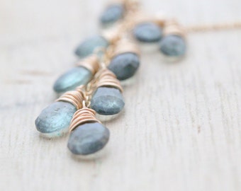 Moss Aquamarine Necklace In 14K Gold Fill - Wire Wrapped, Cascade, March Birthstone - Waterfall