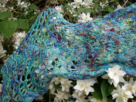 Lacy scarf, hand painted yarn, alpaca merino acrylic mix, soft, light, kingfisher blue green
