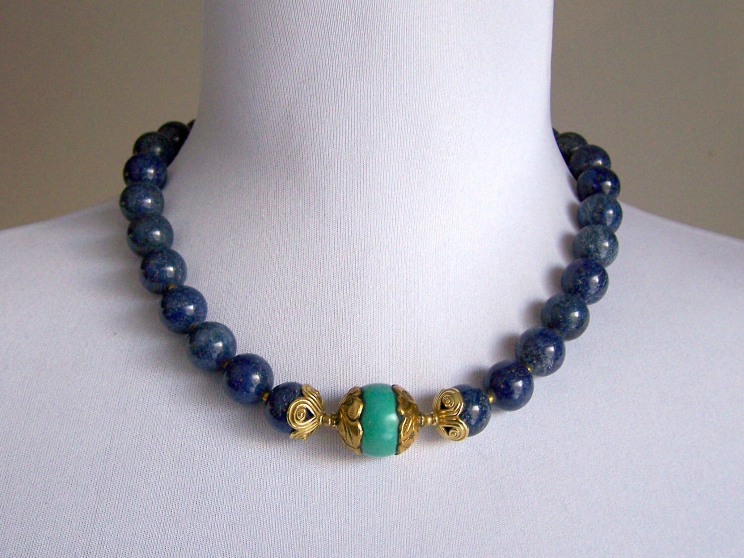 Natural Lapis Lazuli and Turquoise Necklace with Tibetan Focal