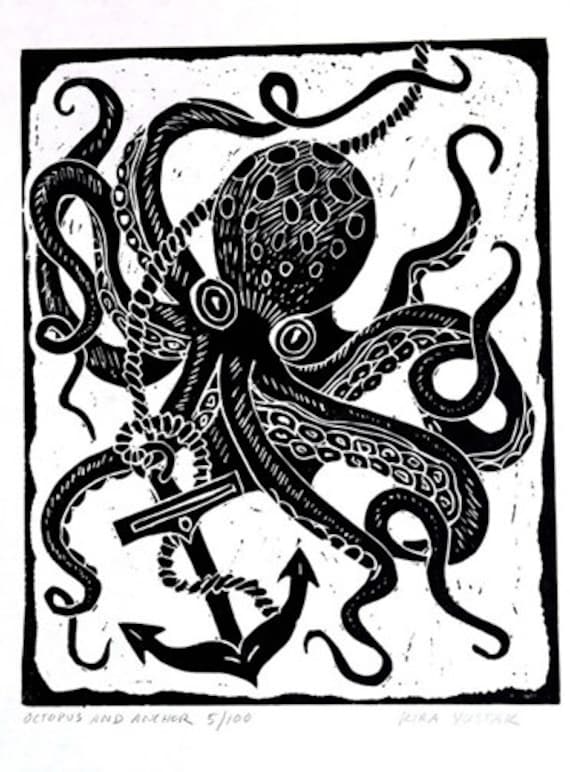 Octopus and Anchor Linocut Print