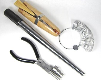 Pro Ring Making tool kit, Steel ring mandrel, Ring coiling pliers, Wood ring clamp, aluminum finger size gauge