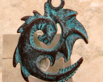Spiral Dragon Pendant, Green Patina, Greek Casting M319