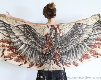 Anniversary Gift, Girlfriend Gift, Cotton Scarf, Wings Scarf, Autumn Scarf, Feather Scarf, Bohemian Scarf, Guardian Scarf, Brown Scarf