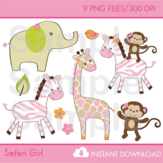 Safari Girl Jungle Animal Clipart INSTANT by LittlePrintsParties