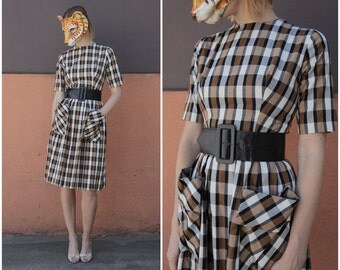 Brown and White Plaid Day Dress with Giant Pockets and Fitted Waist with Belt, by Gigi Young | Small