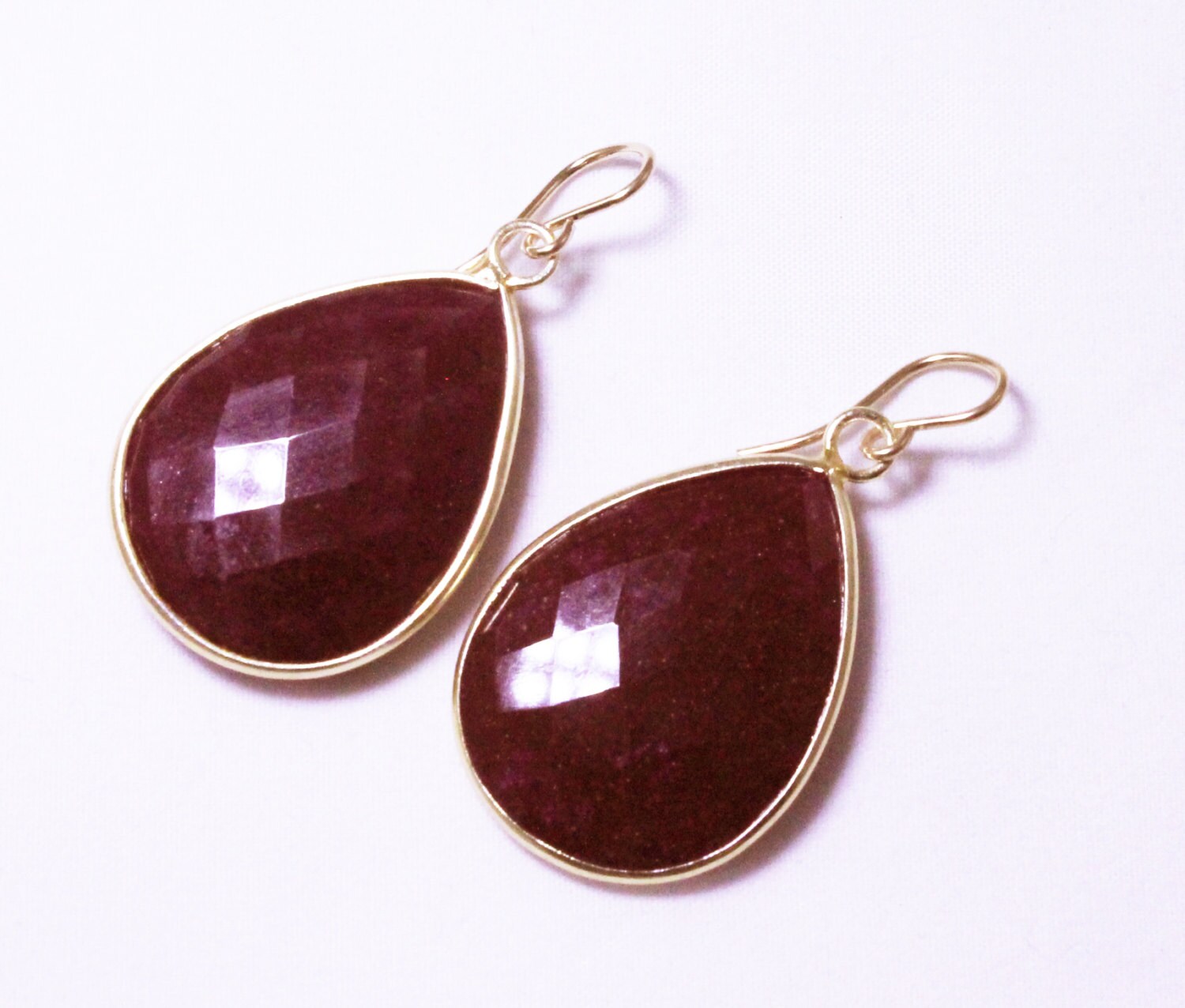 Genuine Ruby Earrings 14K Gold Bezel Earrings Red Ruby