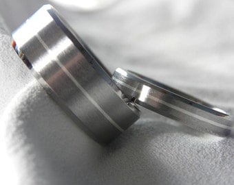 Titanium Ring Set with Sterling Silver Pinstripe Inlay Wedding Bands