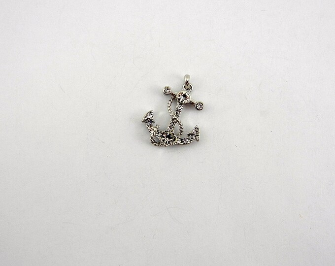 Small Nautical Anchor Pendant Silver-tone Rhinestones