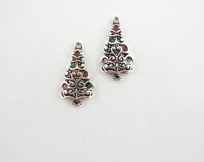 Pair of Silver-tone Deailed Christmas Tree Charms