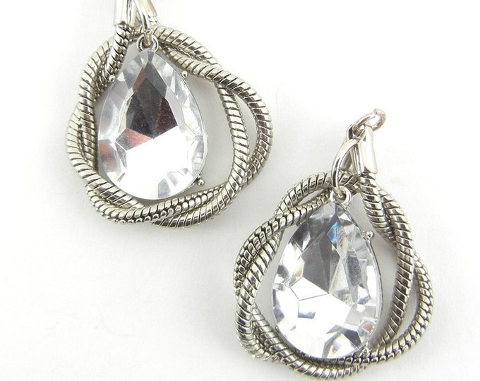 Pair of Faceted Acrylic Clear Teardrop Charms with Silver-tone Snake Chain Braiding