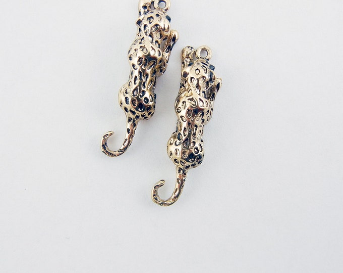 Pair of Antique Gold-tone Jaguar with Black Rhinestone Eyes Charms