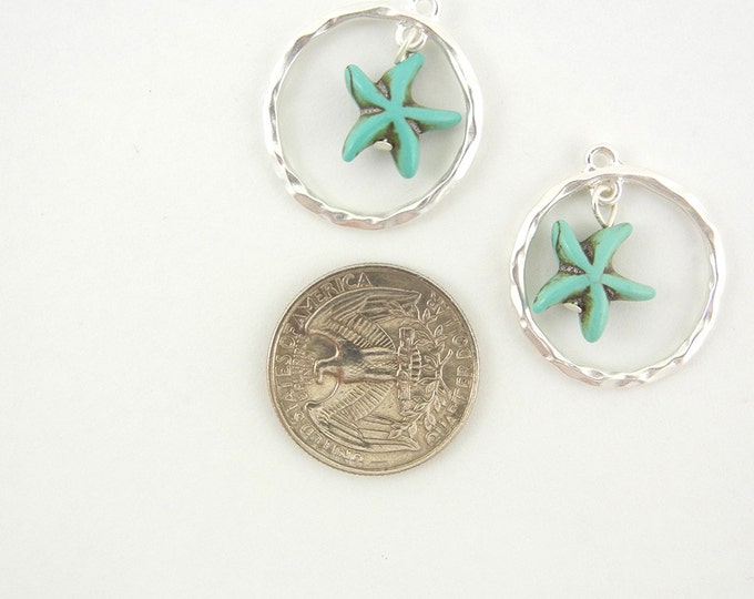 Pair of Turquoise Starfish in Matte Silver-tone Hoop Charms