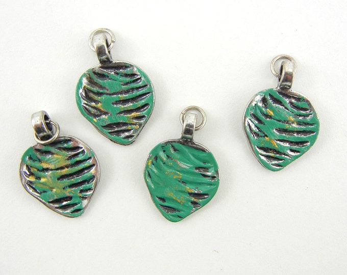 Set of 4 Small Painted Antique Silver-tone Leaf Charms