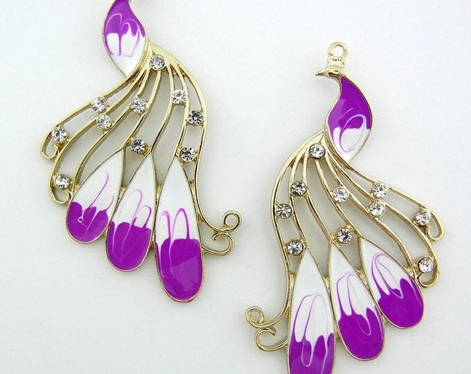 Pair of Gold-tone Peacock Charms with Purple Epoxy Rhinestones