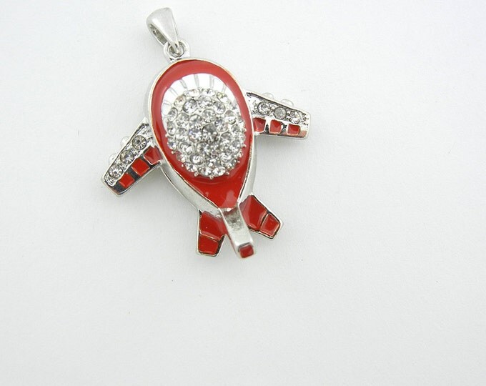 Silver-tone Airplane Rhinestones and Red Epoxy Pendant