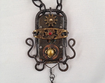 Found Object Steel and Copper Assemblage Rustic Wire Wrapped Necklace