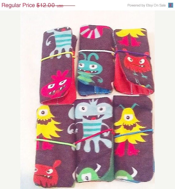 Christmas in July Sale Set of 6 Monster mini crayon rolls with elasti closure and hold 4 crayons School parties and treats Quantity discount Il_570xn