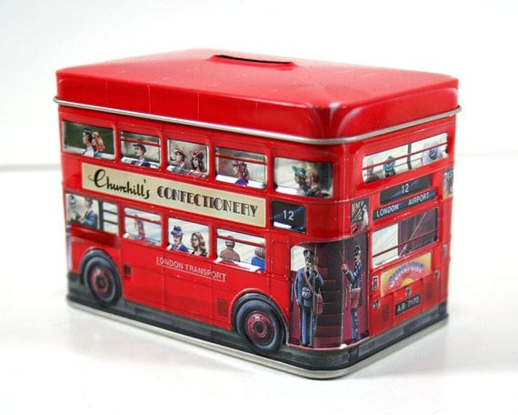 Tin Bank London Double-Decker Red Bus Churchills