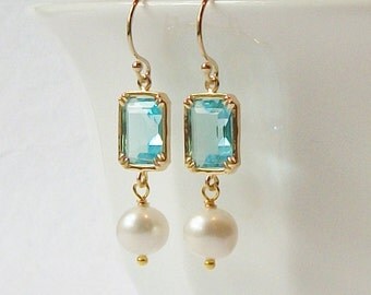 ON SALE Aquamarine Crystal Pearl Earrings, Birthstone Earrings