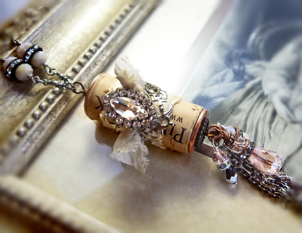 Estate Wine Cork necklace vintage style rhinestone brooch up