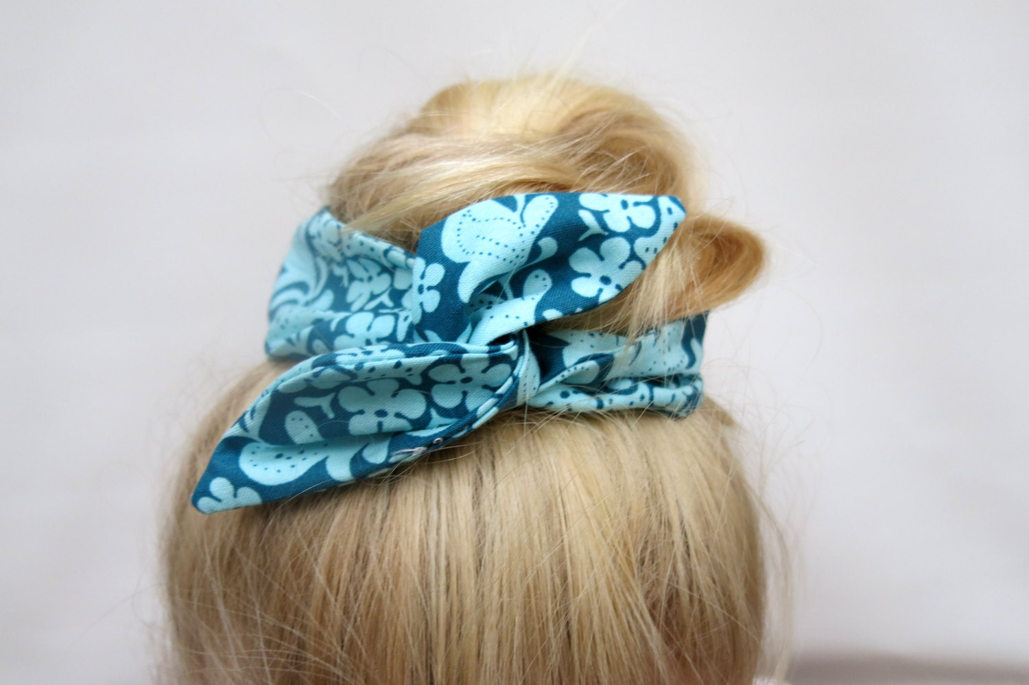 Fabric Bun Wrap Blue on Blue Floral Fabric Wire Hair