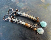 Rome. Ancient beads in caged earrings with apatite gemstone briolettes.