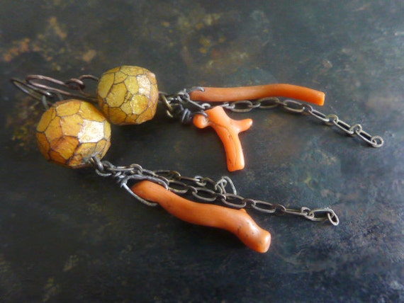 Folly or Felicity. Rustic assemblage earrings. Polymer art beads and antique coral.