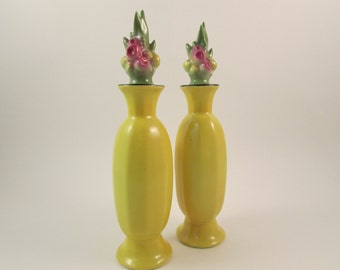Vintage Perfume Bottle Art Deco Porcelain Floral Yellow Perfume Bottle with Dauber Set of Two Made in Bavaria