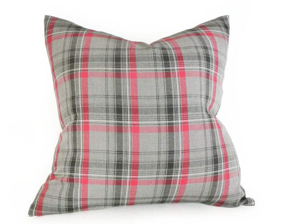 Grey Red Plaid Pillow 14x18 Lumbar Plaid Cushion Cover