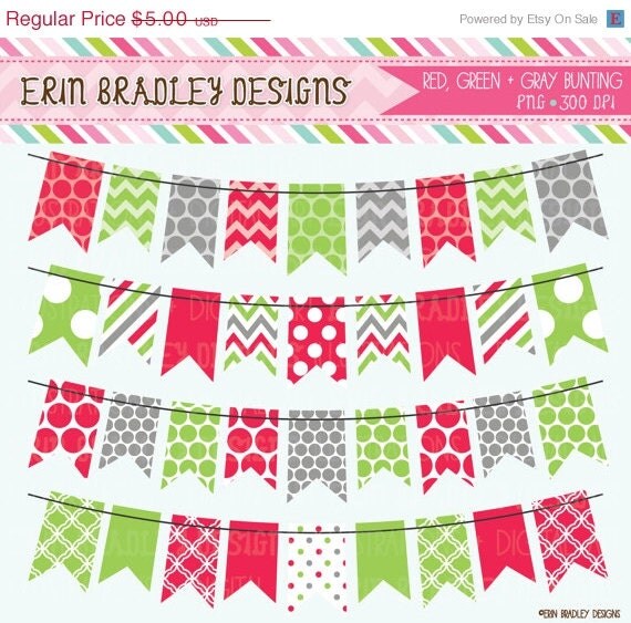 50% OFF SALE Holiday Red Green and Gray Bunting Banner Flag Clipart Clip Art Set Personal & Commercial Use Il_570xn