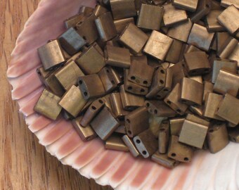 Tila Beads Matte Metallic Dark Bronze # 2006, 5+ Grams, 5mm Miyuki Two Hole Tile Beads, Square Brown Glass Beads, Matte Gold Toned
