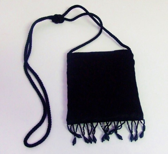 221~Small Black Beaded Evening Bag With Bead Fringe  Cord Strap