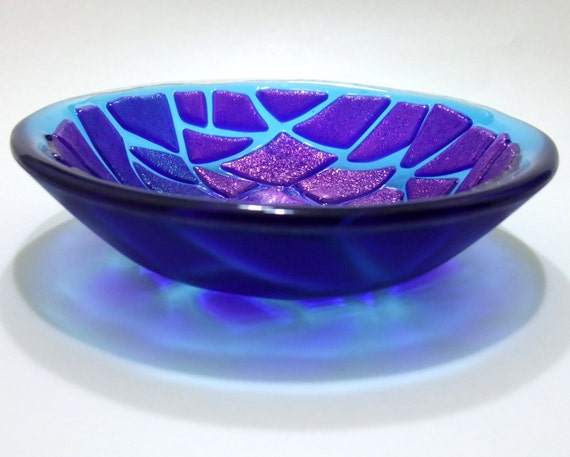 Iridescent Blue Fused Glass Bowl