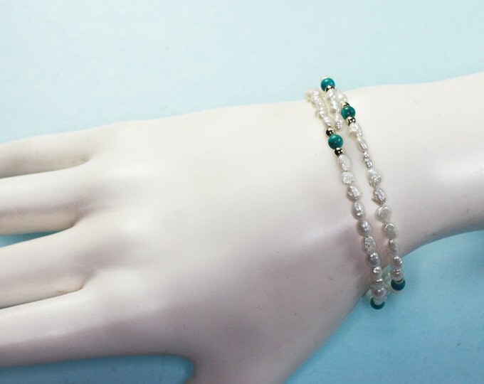 Freshwater Pearl Wrap Bracelet Gold Tone and Turquoise Beads Vintage