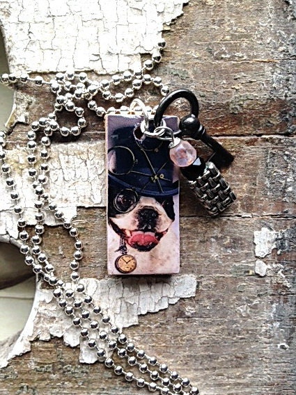 Steampunk Boston Terrier Dog on Recycled Wood  24 Inch Chain and Dangle Charm plus Key