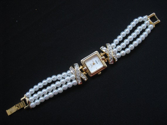 Vintage Gruen Quartz Pearl Rhinestone Bracelet by mimisvintageshop