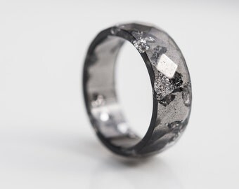 Black Resin Ring Men Ring Silver Flakes Big Size 10 size 12 Faceted Ring OOAK boho dark gray minimalist eco jewelry