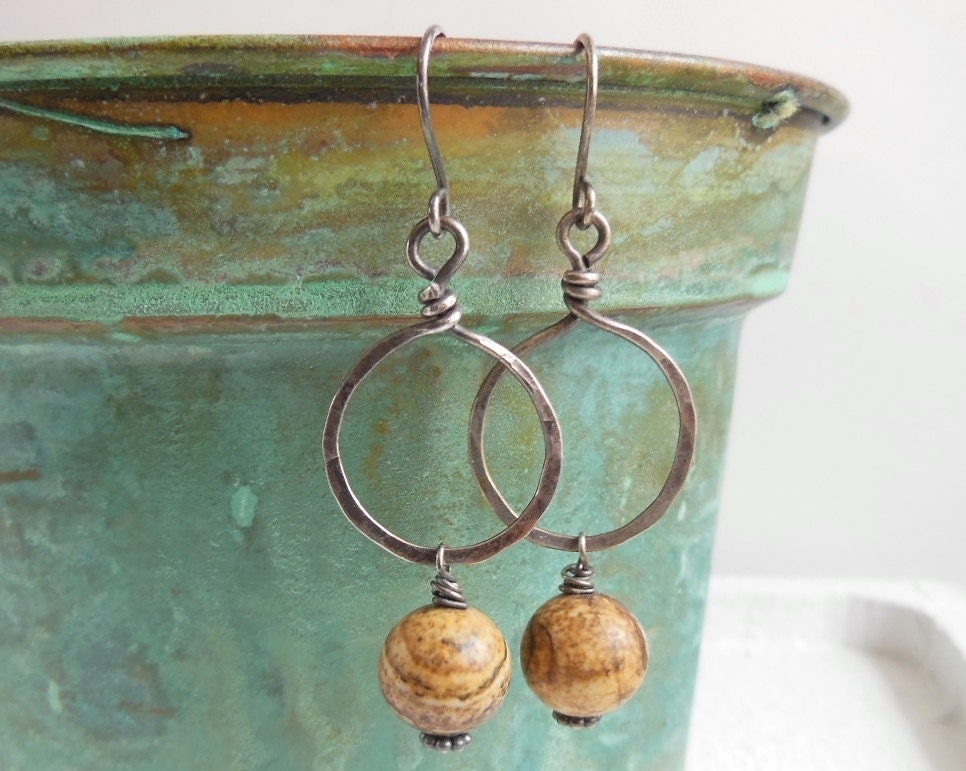 Picture Jasper Hoop Earrings Rustic Jewelry Hammered Hoops