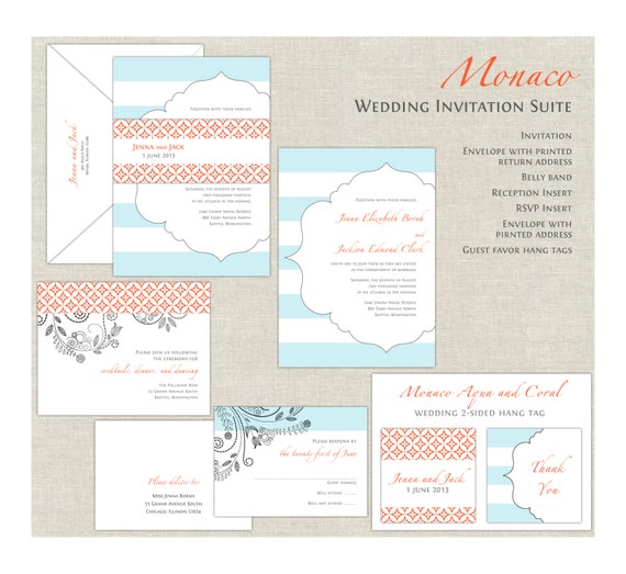 Coral and Aqua Blue Wedding Invitations, Wedding Invites, Flourish Wedding Invitations, Modern Stripes, Belly Band, Contemporary, Moroccan Il_570xn