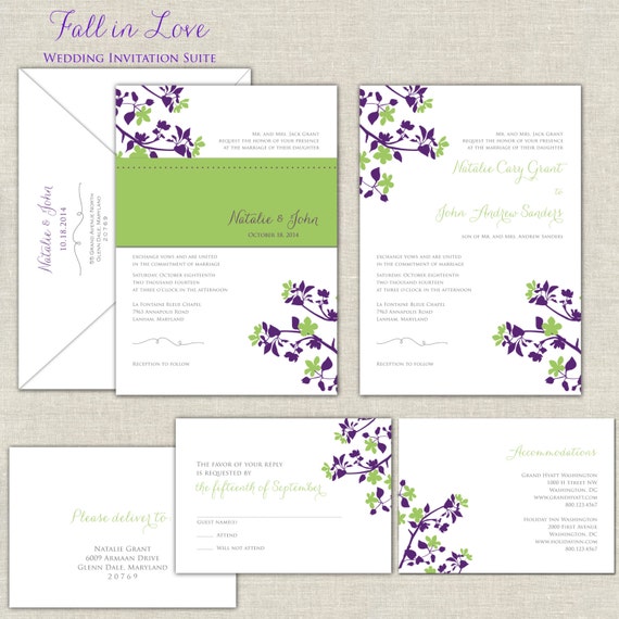 Fall Wedding Invitations, Green and Purple, Lime, Eggplant, Autumn Wedding Invites, Flowers, Leaves, Linen, Elegant, Belly Band Il_570xn