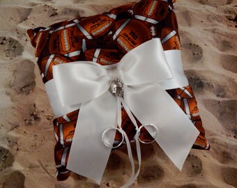 Football Brown Fabric White Bow Helmet Charm Wedding Ring Bearer Pillow