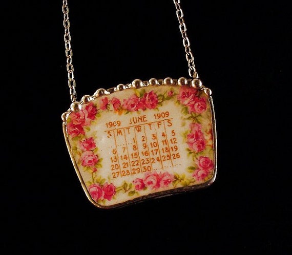 Broken China Jewelry necklace June 1909 antique calendar plate pink roses