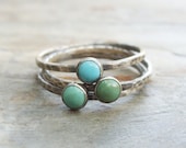 Trio of Rustic Turquoise Stacking Rings in Antiqued Sterling Silver - Kingman Arizona Turquoise