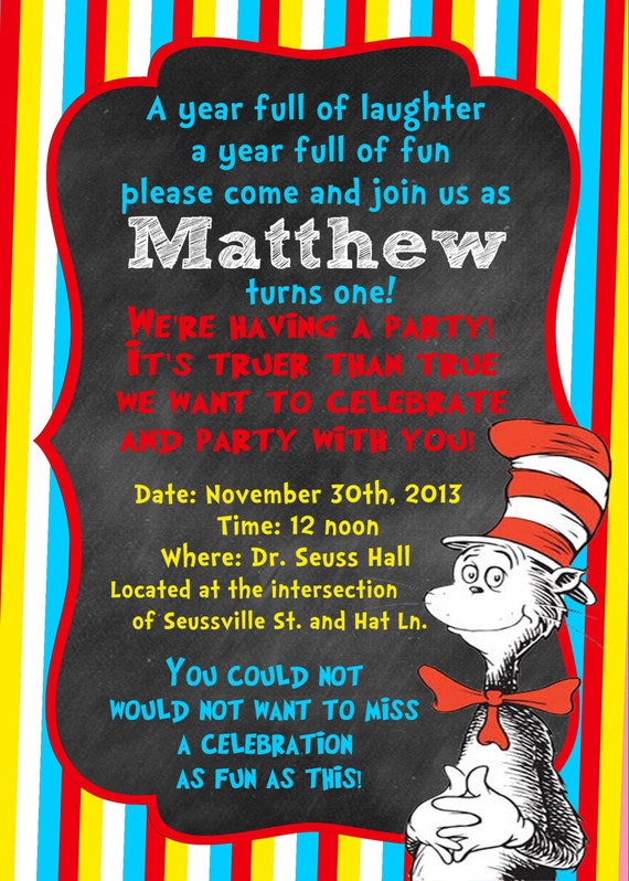 Birthday Invitation Dr. Seuss Inspired The Cat in the Hat