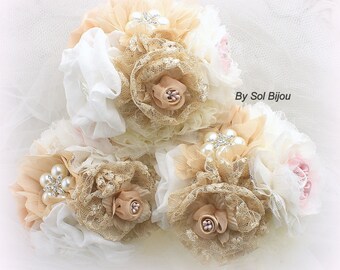 Bridesmaids Bouquets, Brooch Bouquets, Tan, Beige, Champagne, Blush, Ivory, Vintage Style, Jeweled, Maid of Honor, Lace, Crystals, Pearls