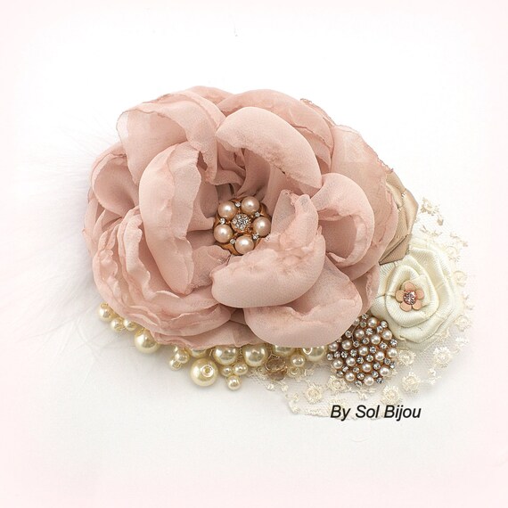 Bridal Hair Fascinator Clip in Blush Pink Gold by SolBijou on Etsy